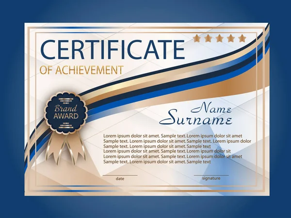 Certificado de realização, diploma. Recompensa. Ganhar a competição. Vencedor. Azul elementos decorativos fundo. Vetor — Vetor de Stock