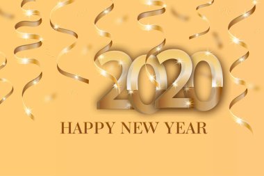 Altın kurdeleler ile 2020 numaraları altın poster. Bir el ilanı, satış, broşür, sunumlar, parti vb için Happy New year dinamik tasarım elemanları Vektör