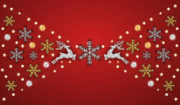 Natal decoração de ouro e prata. Feliz Ano Novo fundo vermelho. Cervos prateados e dourados, flocos de neve. Modelo para cartão, banner ou cartaz. Vetor — Vetor de Stock