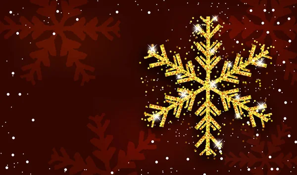 Jul och nyår röd bakgrund med Golden snowflake. Xmas dekoration. Mall för gratulationskort, banderoll eller affisch. Vektor — Stock vektor