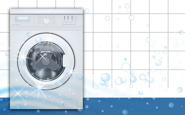 Waschmaschine vor dem Laden in der leeren Waschküche Hintergrund. 3D realistischer Vektor. Vorderansicht, Nahaufnahme, geschlossene Tür. — Stockvektor