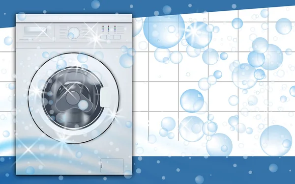Waschmaschine vor dem Laden in der leeren Waschküche Hintergrund mit Seifenblasen. Vorderansicht, Nahaufnahme, geschlossene Tür. 3D realistischer Vektor — Stockvektor
