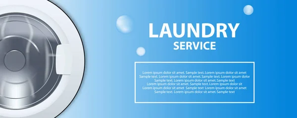 Laundry layanan banner atau poster. Mencuci drum mesin 3d ilustrasi realistis. Tampilan depan, close-up, menutup pintu - Stok Vektor