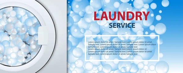 Laundry layanan banner atau poster. Latar belakang mesin cuci dengan gelembung sabun. Ilustrasi realistis 3d. Tampilan depan, close-up, menutup pintu . - Stok Vektor