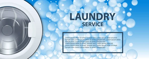 Wäscheservice Banner oder Poster Hintergrund mit Seifenblasen. Waschmaschinentrommel 3D realistische Illustration. Vorderansicht, Nahaufnahme, geschlossene Tür. Waschmittelwerbung. — Stockvektor