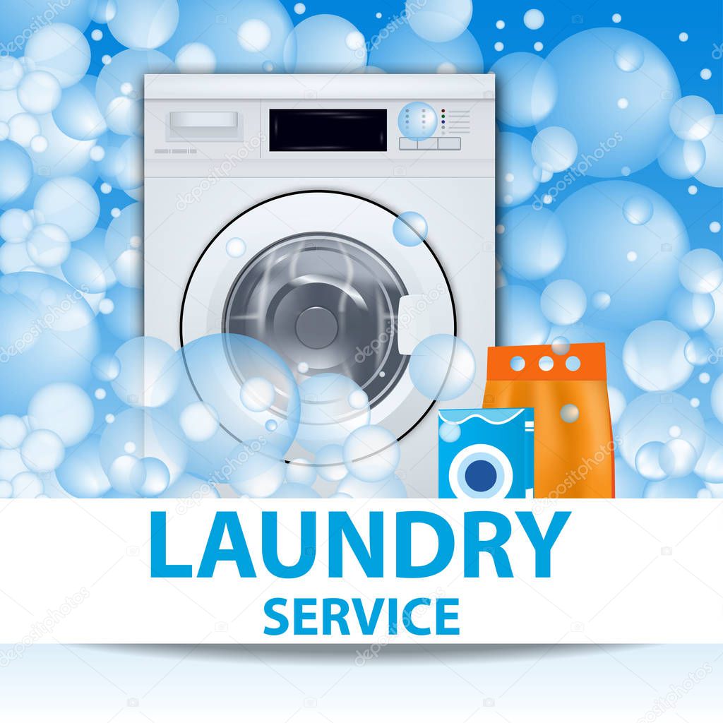 Laundry service poster or banner. Washing machine front loading background with soap bubbles. 3d realistic illustration. Front view, close-up, closed door.