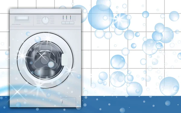 Machine à laver chargement frontal dans fond de buanderie vide avec bulles de savon. Vecteur réaliste 3d. Vue de face, gros plan, porte fermée . — Image vectorielle