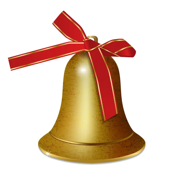 Goldene Glocke mit roter Schleife auf weißem Hintergrund. Weihnachts- und Neujahrsdekoration. Vektor — Stockvektor