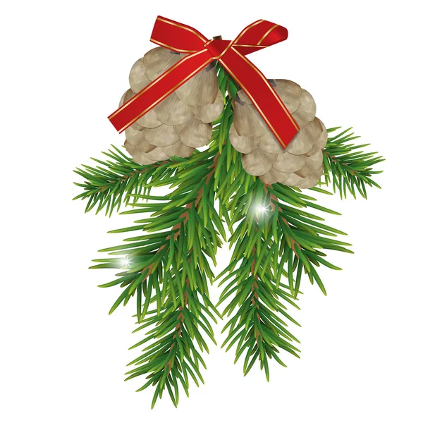 白い背景に隔離された赤いリボンを持つモミの枝と松ぼっくり。クリスマスと新年の装飾。ベクトル — ストックベクタ