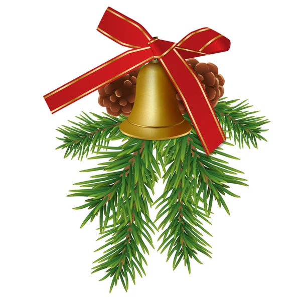 Cloche dorée de Noël avec branches de sapin, cônes et ruban papillon rouge isolé sur fond blanc. Éléments de Noël ou Nouvel An pour le design. Vecteur — Image vectorielle