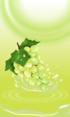 Yeşil üzüm. Sıçrama suyu. Taze meyve 3D gerçekçi vektör. Paket tasarım veya poster, reklam.