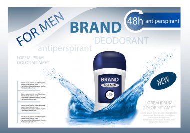 Long-lasting deodorant antiperspirant for men with water splash. Package design or poster, advertising. 3d realistic vector. clipart