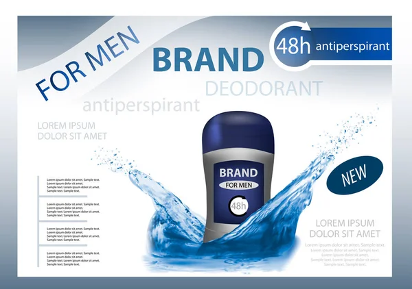 Long-lasting deodorant antiperspirant for men with water splash. 3d realistic vector. Template package design or poster, advertising. — Stock Vector