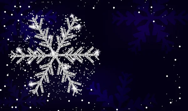 Jul och nyår marinblå bakgrund med silver snowflake. Xmas dekoration. Mall för gratulationskort, banderoll eller affisch. Vektor — Stock vektor