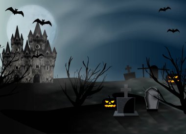 Cadılar Bayramı geçmişi. Kale ve mezarlık arka plan dolunay mezar taşları ile. Parti ve satış için afiş veya afiş. Vektör