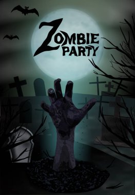 Cadılar Bayramı parti arka plan. Mezardan yükselen zombi eli. Mezar taşları ve ay ile mezarlık ürkütücü bir gecede. Vektör