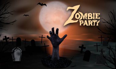 Cadılar Bayramı parti arka plan. Zombi eli yerden yükseliyor. Mezar taşları ve ay ile mezarlık ürkütücü bir gecede. Vektör