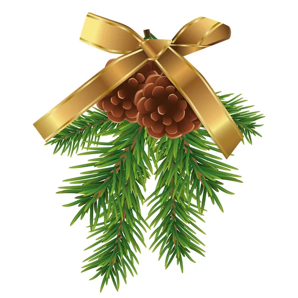 Ramos de abeto e pinhas marrons com laço de fita dourada isolado no fundo branco. Natal e decoração de Ano Novo. Vetor — Vetor de Stock