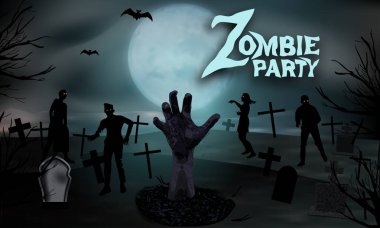 Mezarlıkta zombi. Mezar lıkta mezar taşları ve ay ile yerden yükselen zombi eli ürkütücü gecede. Cadılar Bayramı parti davetiyesi şablonu arka plan. Vektör