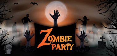 Davet şablonu Halloween Zombie parti. Mezar lıkta mezar taşları ve ay ile yerden yükselen zombi eli ürkütücü gecede. Vektör