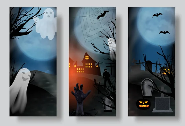 Conjunto de carteles de Halloween o pancartas, cementerio con fantasma y zombi mano. Vector — Vector de stock