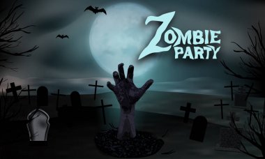 Mezardan yükselen zombi eli. Cadılar Bayramı parti arka plan. Mezar taşları ve ay ile mezarlık ürkütücü bir gecede. Vektör