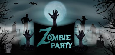 Davet şablonu Halloween Zombie parti. Mezarlıktaki mezardan mezardan yükselen zombi eli mezar taşları ve ay ürkütücü gecede. Vektör