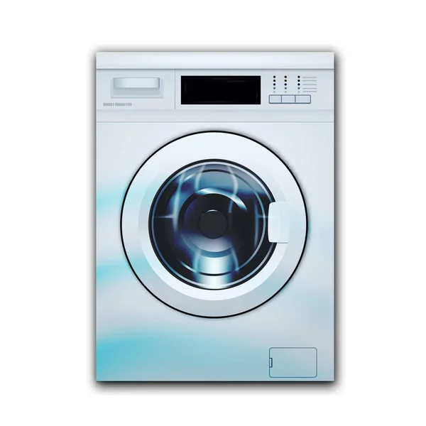 เครื่องซักผ้าโหลดด้านหน้าอัตโนมัติแยกจากพื้นหลังสีขาว มุมมองด้านหน้า, ใกล้ชิด, ประตูปิด เวกเตอร์จริง 3 มิติ — ภาพเวกเตอร์สต็อก
