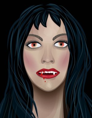 Siyah bir arka plan üzerinde Vampire Halloween Woman portre. Dudaklarında uzun saçlı ve kan olan gotik bir kadın. Vektör