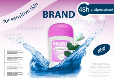 Long-lasting deodorant antiperspirant for woman with flowers jasmine and water splash. Package design or poster, advertising. 3d realistic vector clipart