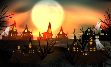 Cadılar Bayramı arka plan parıltısı. Eski şehir perili evler üzerinde dolunay. Hayaletler korkunç bir gecede uçarlar. Vektör