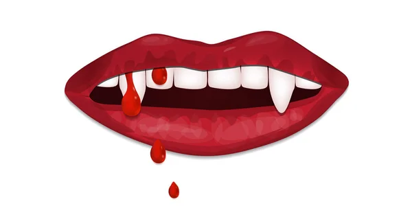 Boca de vampiro isolada sobre fundo branco. Mulher de lábios vermelhos com gotas de sangue. Vetor — Vetor de Stock