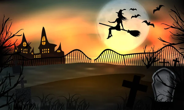 Halloween achtergrond gloed. Jonge heks vliegen op een bezemsteel op de achtergrond van een volle maan over de begraafplaats met grafstenen. Vector — Stockvector