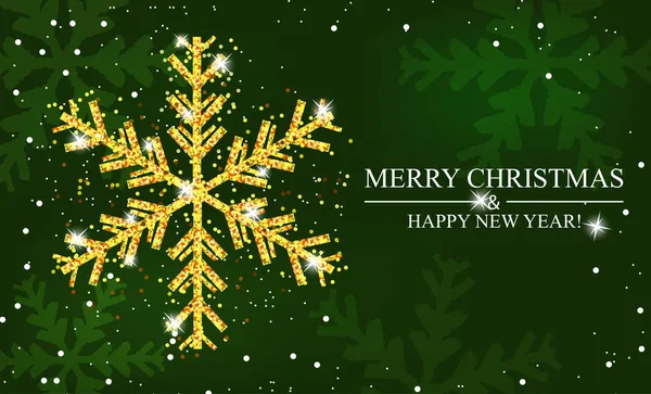 Χριστούγεννα και Πρωτοχρονιά πράσινο φόντο με χρυσή νιφάδα χιονιού. Χριστουγεννιάτικη διακόσμηση. Πρότυπο για Ευχετήρια κάρτα, banner ή αφίσα. Διάνυσμα — Διανυσματικό Αρχείο