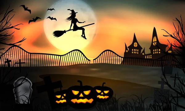 Halloween resplandor de fondo. Joven bruja volando en un palo de escoba en el fondo de una luna llena sobre el cementerio con lápidas y calabaza. Vector — Vector de stock