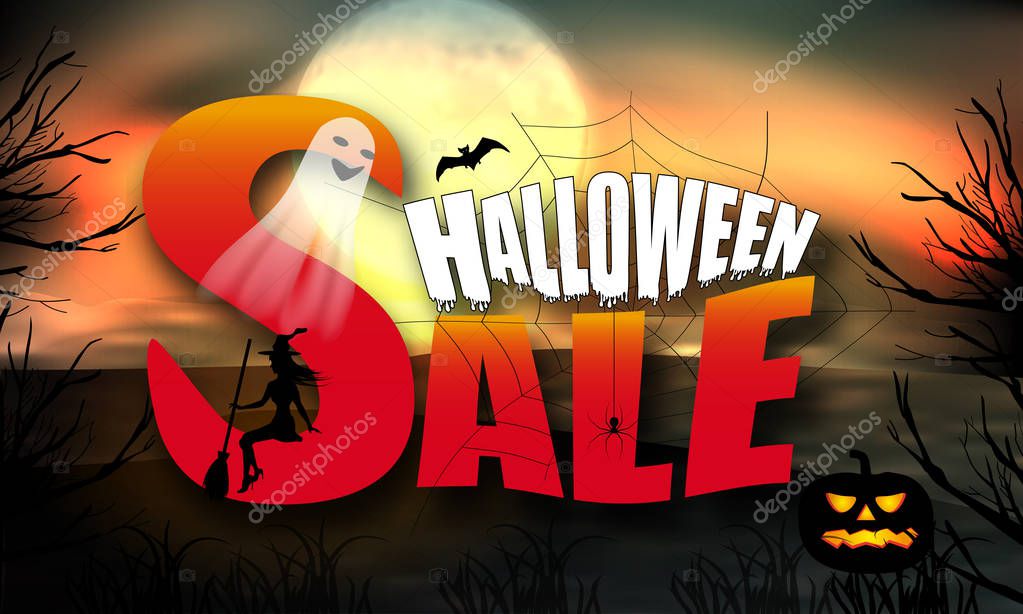 Halloween Sale Over Full Moon Background Glow Decoration With Spider Web And Ghost Young Witch And Bat Pumpkin Vector Illustration Premium Vector In Adobe Illustrator Ai Ai Format Encapsulated