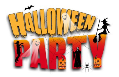 Cadılar Bayramı parti metin örümcek ağı süslenmiş kabak ve hayaletler, genç cadı ve yarasa, acımasız azrail ve zombi ile beyaz arka plan izole. Vektör