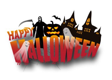 Cadılar Bayramı süslemeleri beyaz arka plan üzerinde izole. Yarasalar ve hayaletler ve acımasız azrail ile kalenin arka planda kabak ile Metin Mutlu Cadılar Bayramı. Vektör