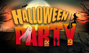 Cadılar Bayramı kızdırma gece arka plan dolunay. Kelime Halloween parti örümcek ağı ve genç cadı, balkabağı ve hayalet ile. Vektör