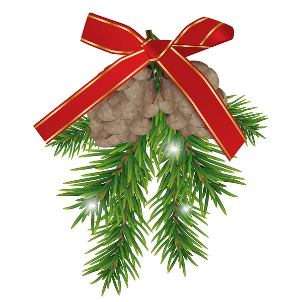 白い背景に隔離された赤い弓を持つモミの枝と松のコーン。クリスマスと新年の装飾。ベクトル — ストックベクタ
