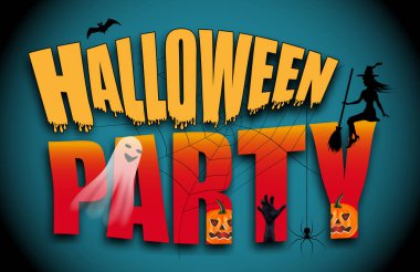 Spiderweb süslenmiş kabak ve hayaletler, genç cadı ve yarasa, zombi el ile Halloween parti metin. Vektör