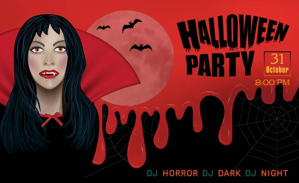 Halloween modelo de convite ou cartaz, banner horizontal. Jovem Vampiro Mulher no fundo de sangue, teias de aranha e lua cheia. Vetor —  Vetores de Stock