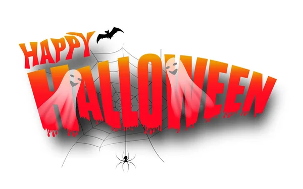 Halloween-Dekorationen isoliert auf weißem Hintergrund. Text happy halloween mit Fledermaus und Gespenstern, Spinnennetz. Vektor — Stockvektor