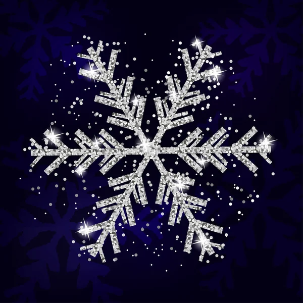 Silver snowflake dekoration jul och nyår. Xmas marinblå bakgrund. Mall för gratulationskort, banderoll eller affisch. Vektor — Stock vektor