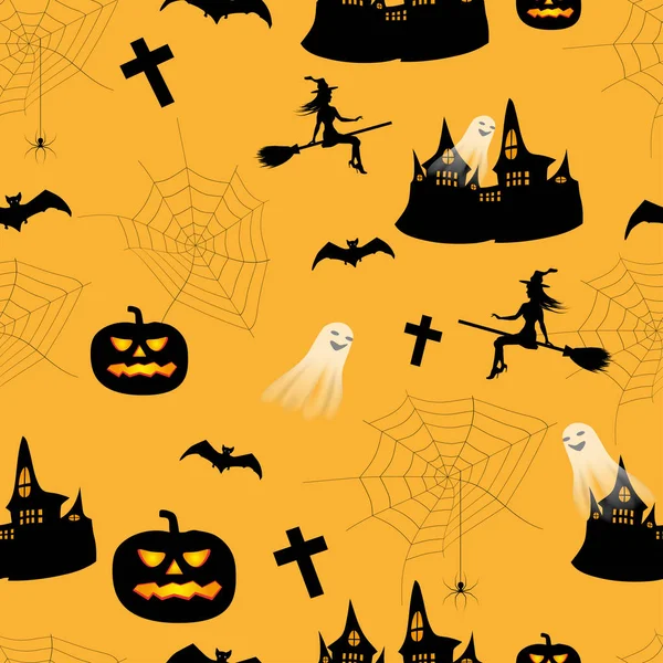 Halloween seamless pattern. Endless background with pumpkins, haunted house, ghosts, bats, witch, spiders and spider web. Vector — Stock Vector