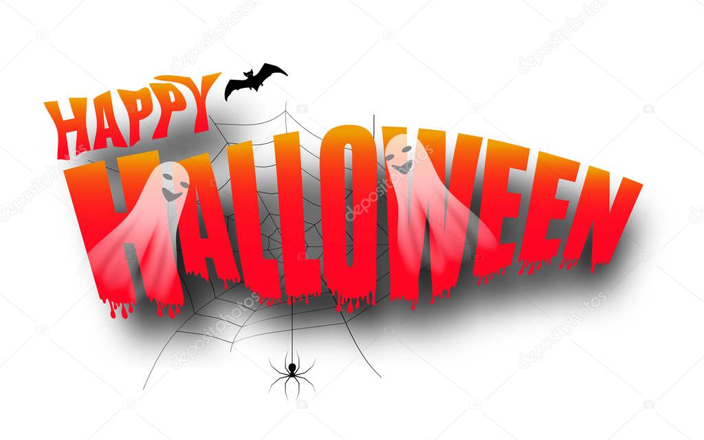 Halloween decorations isolated on white background. Text Happy Halloween with bat and ghosts, spider web. Vector
