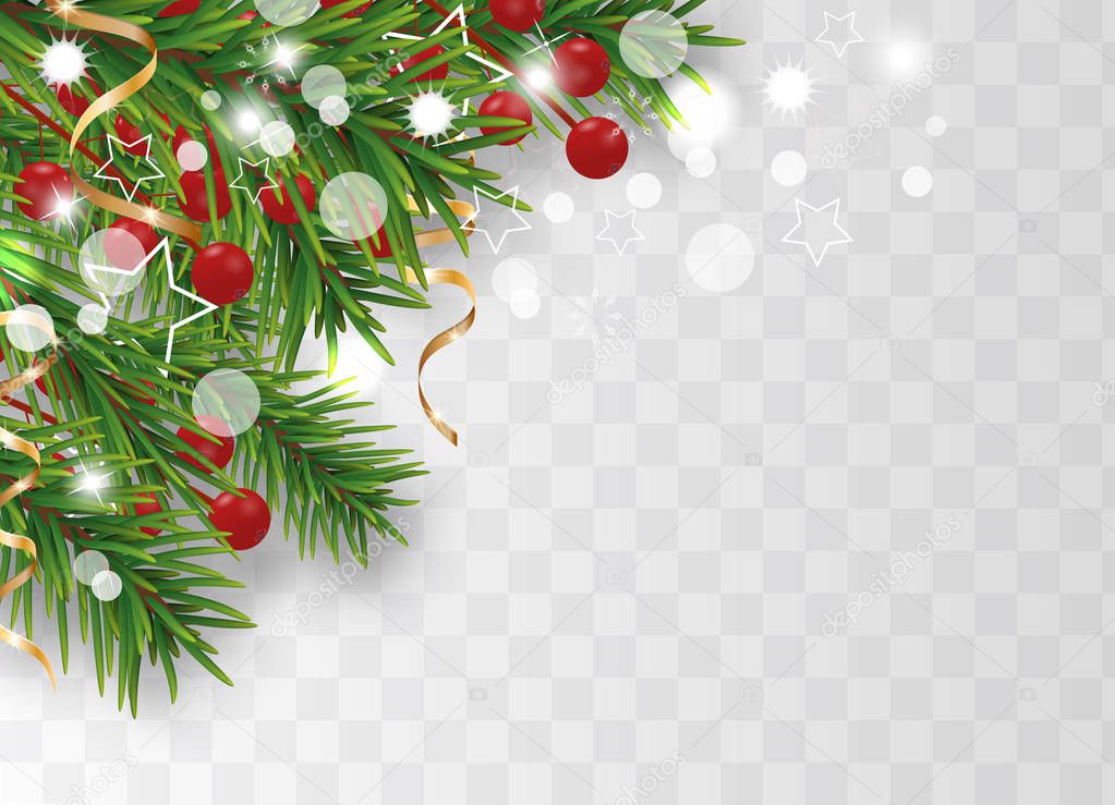 Christmas and Happy New Year decoration with Christmas tree branches and holly berries, golden ribbons and stars isolated on transparent background. Vector