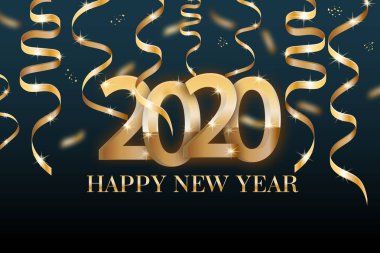Koyu arka planda altın kurdeleler ile 2020 numaraları poster. Bir el ilanı, satış, broşür, sunumlar, parti vb için Happy New year dinamik tasarım elemanları Vektör