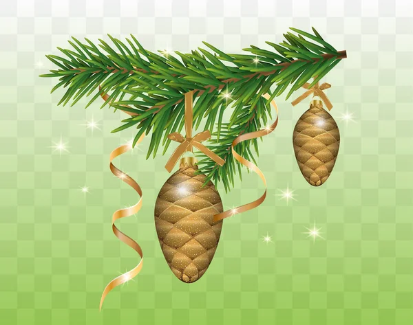 Kerst decoratie met dennentakken, kerstballen kegels en gouden linten geïsoleerd op transparante achtergrond. Nieuwe jaar elementen voorontwerp. Vector — Stockvector