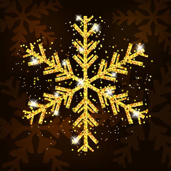 Golden snowflake dekoration jul och nyår. Xmas bakgrund. Mall för gratulationskort, banderoll eller affisch. Vektor — Stock vektor
